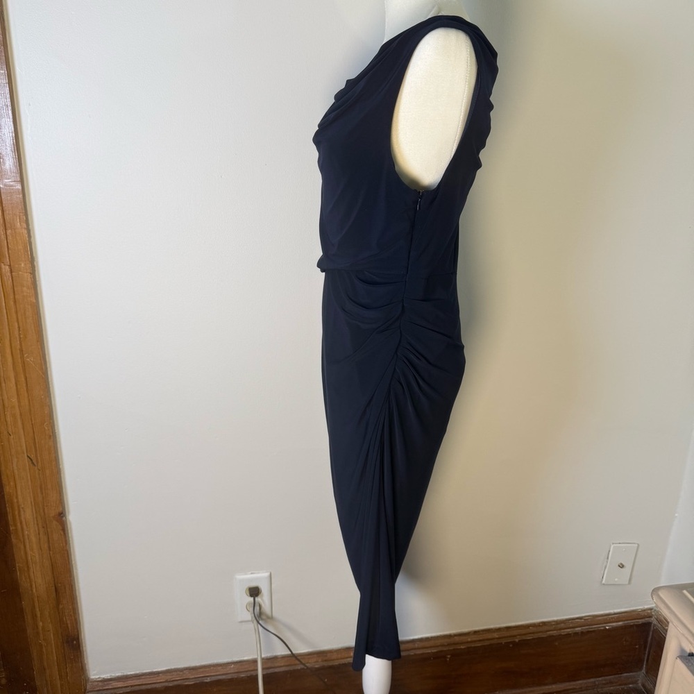 Vera Wang Sleeveless Navy Blue Cowl Neck Ruched Waist Knee Length Dress Size 10 - Picture 5 of 7